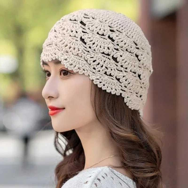 Spring Summer Thin Handmade Female Crochet Hat Hook Flower Knitted Hollow Breathable Ladies Cap Fashion Women Beanies Bonnets