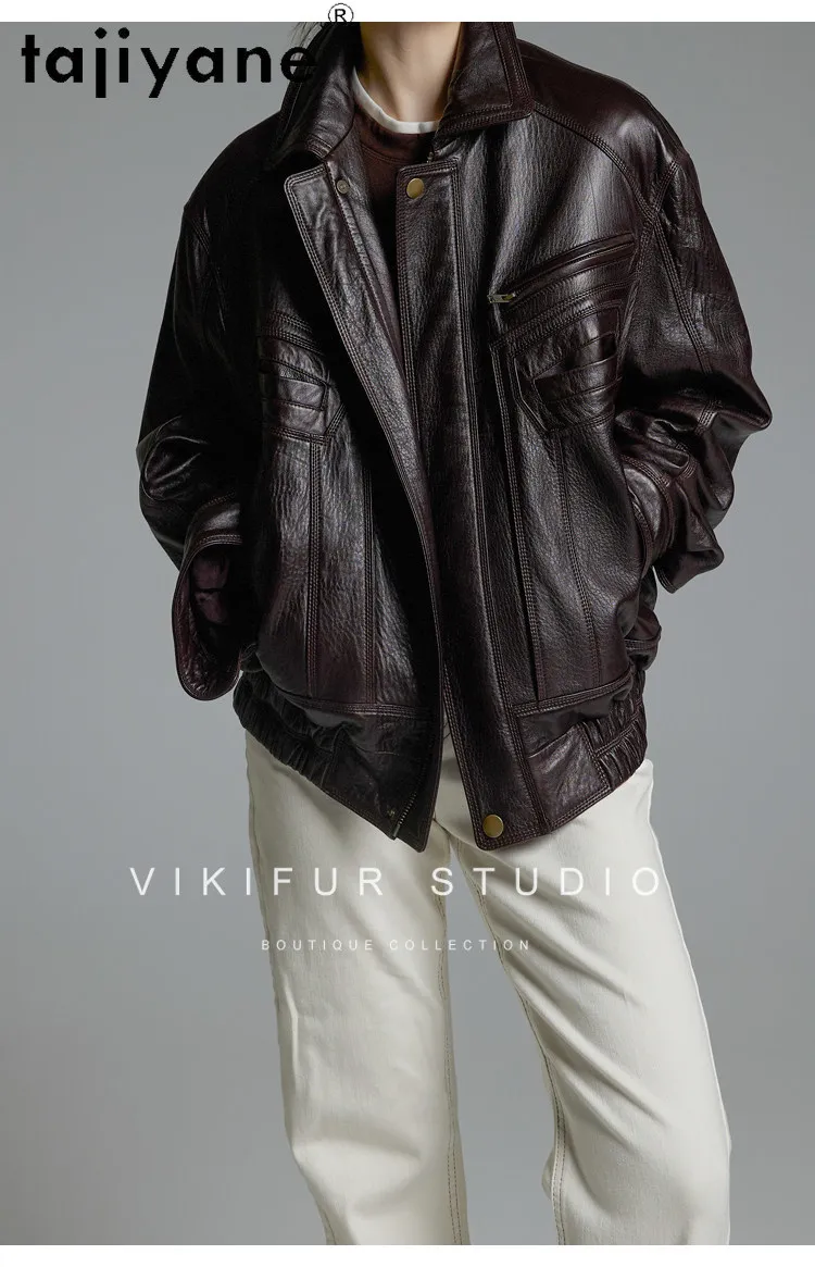 TAJIYANE Natural Bubbled Leather Coat Sheepskin Real Leather Jacket Woman Crop Biker Jackets for Woman Stylish Outerwear Jaqueta