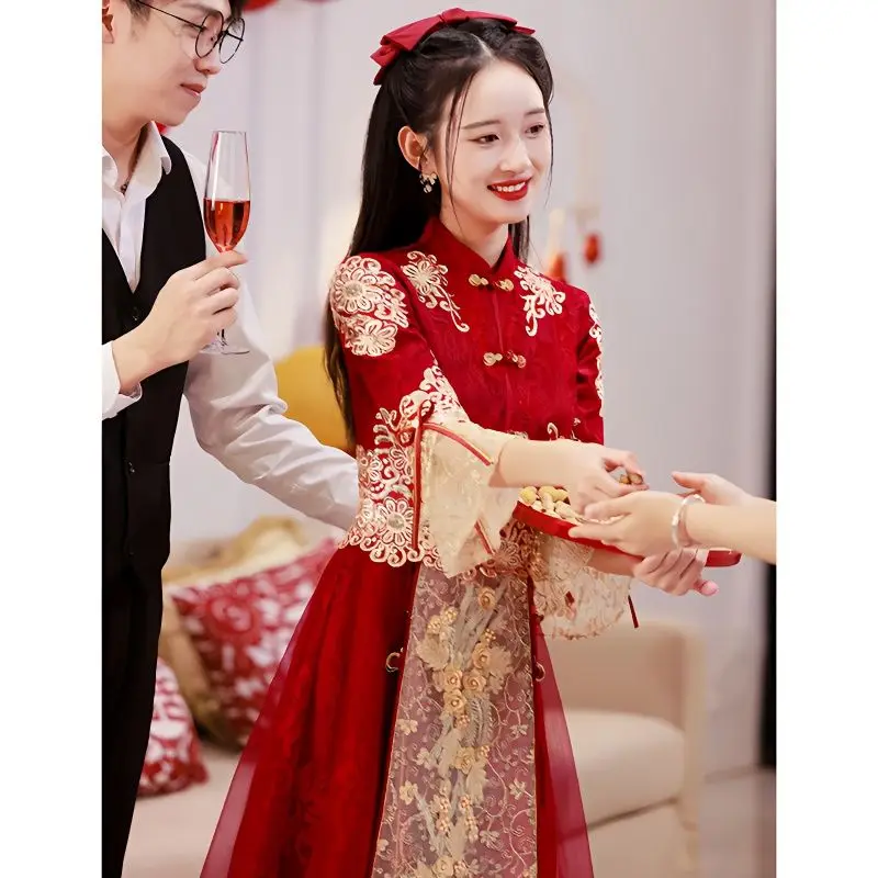 

Yourqipao Chinese Style Wedding Toast Dress Engagement With Horse Face Skirt New Year Party Dress Engagement Dress
