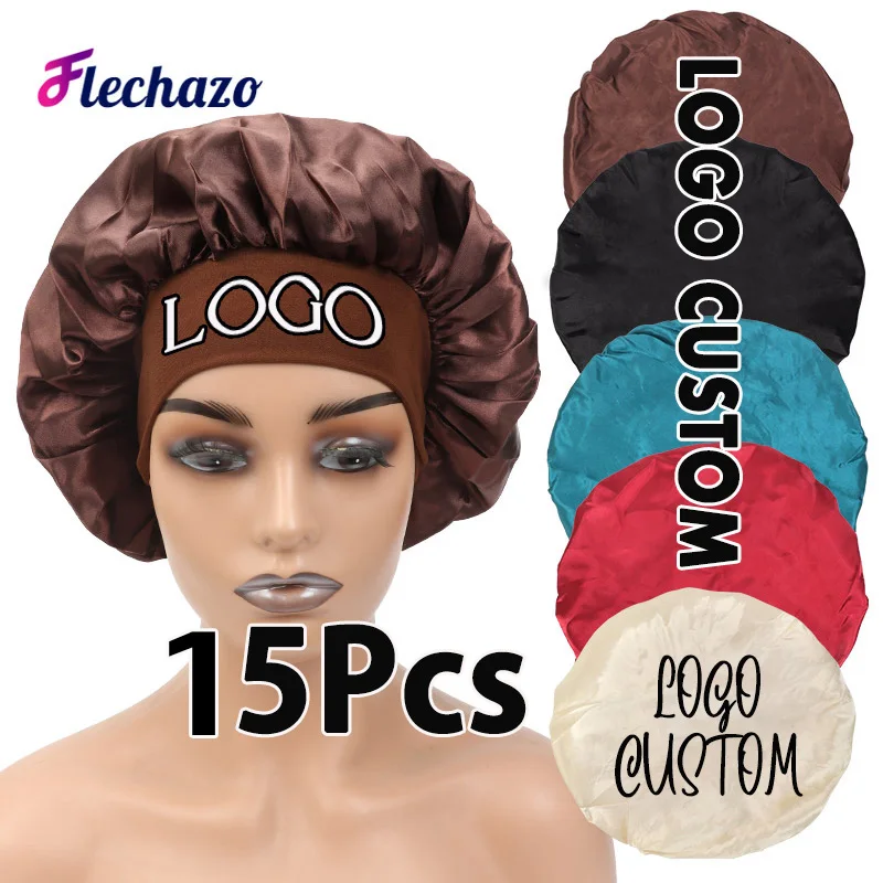 シルクボンネット-サテンヘアボンネット-夜用睡眠帽子-カスタムロゴ入り-15個入り-ヘアケアボンネット-伸縮性バンド付き-ロングカールヘア用