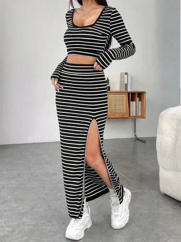 Imagen 2 del producto Conjunto de falda larga informal para mujer, 2 uds., moda 20225, falda de ajuste con abertura lateral superior de manga larga y cuello cuadrado a rayas en blanco y negro