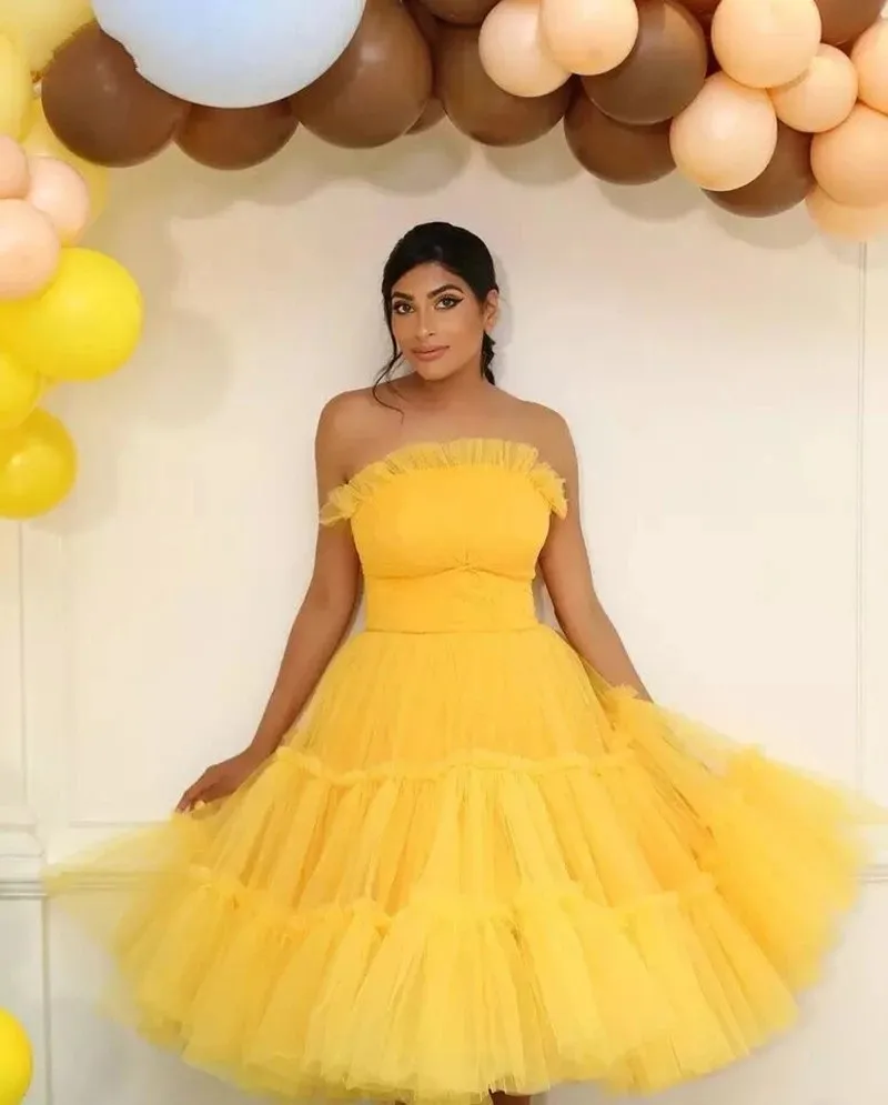 

ANGELSBRIDEP Yellow Prom Party Gowns Fashion Tiered Tulle Designer Vestidos De Festa Birthday Princess Evening Party Women Dress