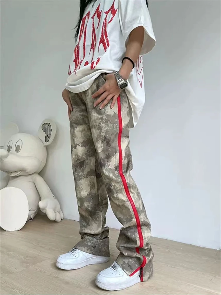 Women's Ins Split Red Zipper Design Camouflage Unisex Thin Pants Cool Girl Fashion Retro Female High Waist Straight Trousers