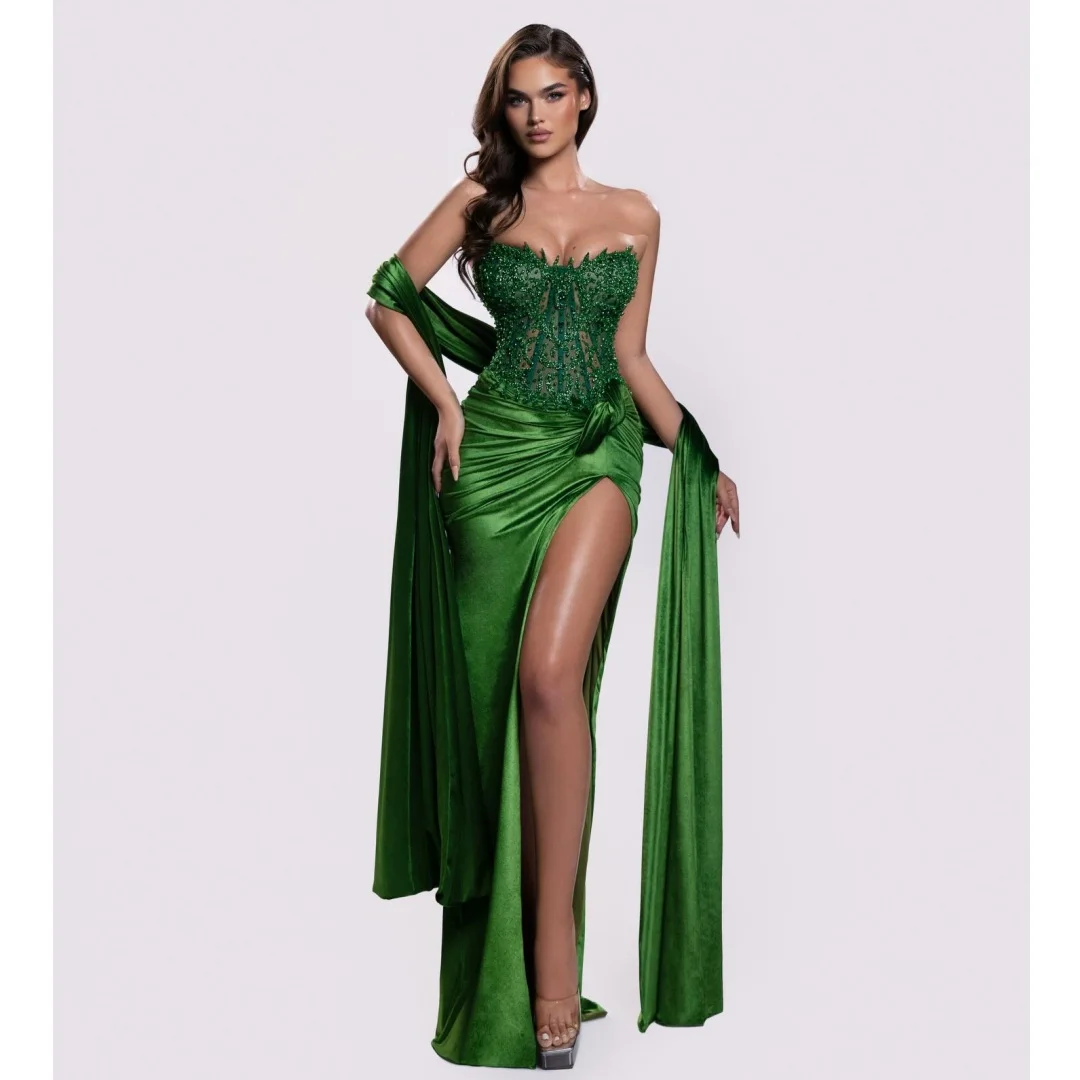 

Green Slit Evening Dresses Sexy Beaded Corset Prom Dress with Wrap Formal Party Gowns Floor Length Gala Vestidos Customized