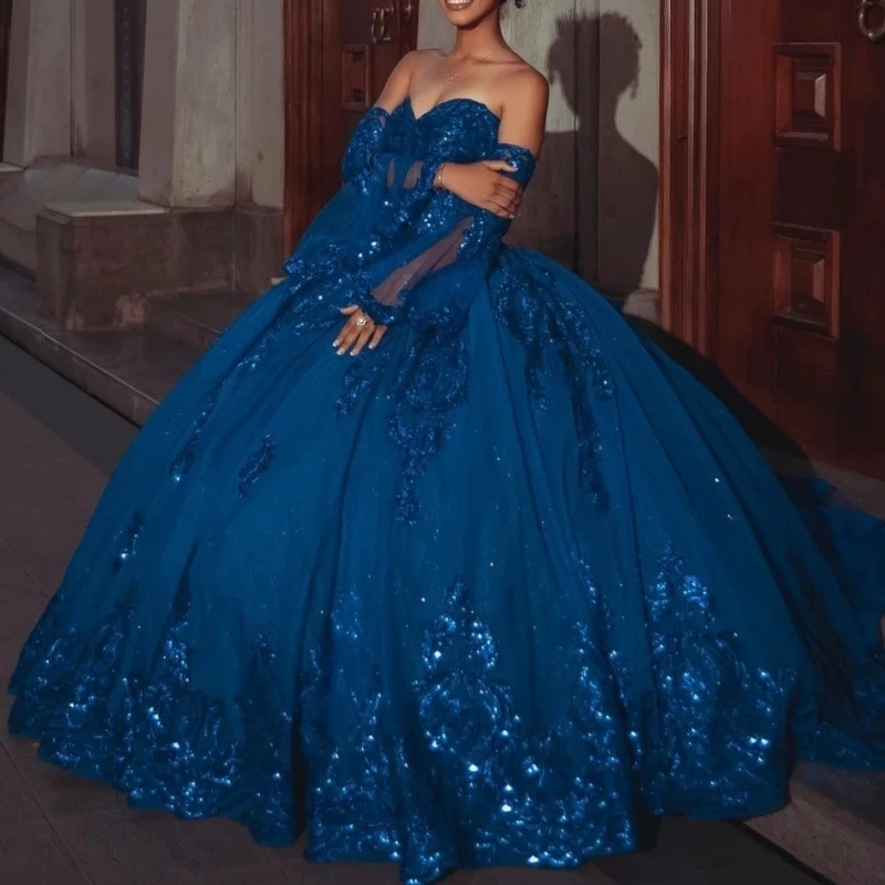 

Mexican Royal Blue Quinceanera Dress Ball Gown Sequins Applique Beading Sweet 16 Vestidos De 15 Anos