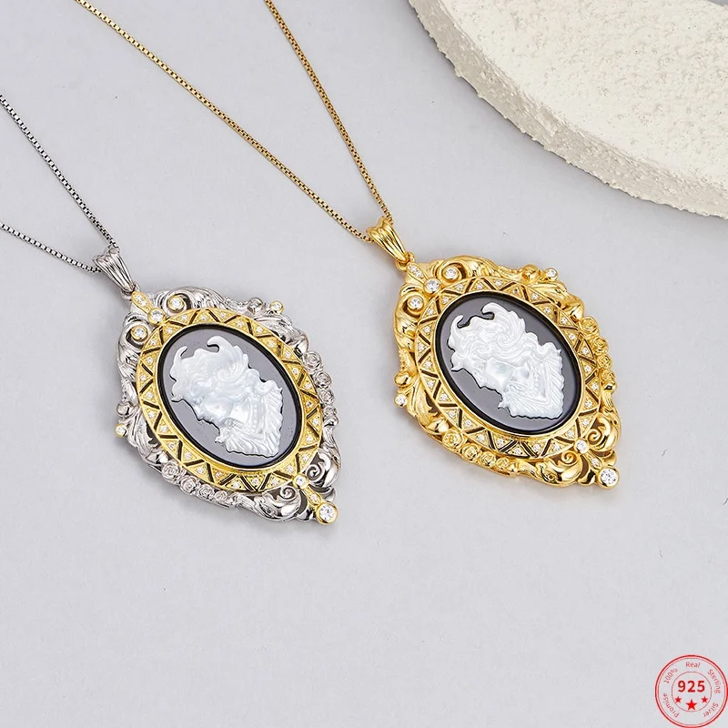 

S925 Sterling Silver Pendant for Women Men Gilded Contrast Color Pattern Inlaid Agate Enchase Cameo Charm Jewelry Wholesale