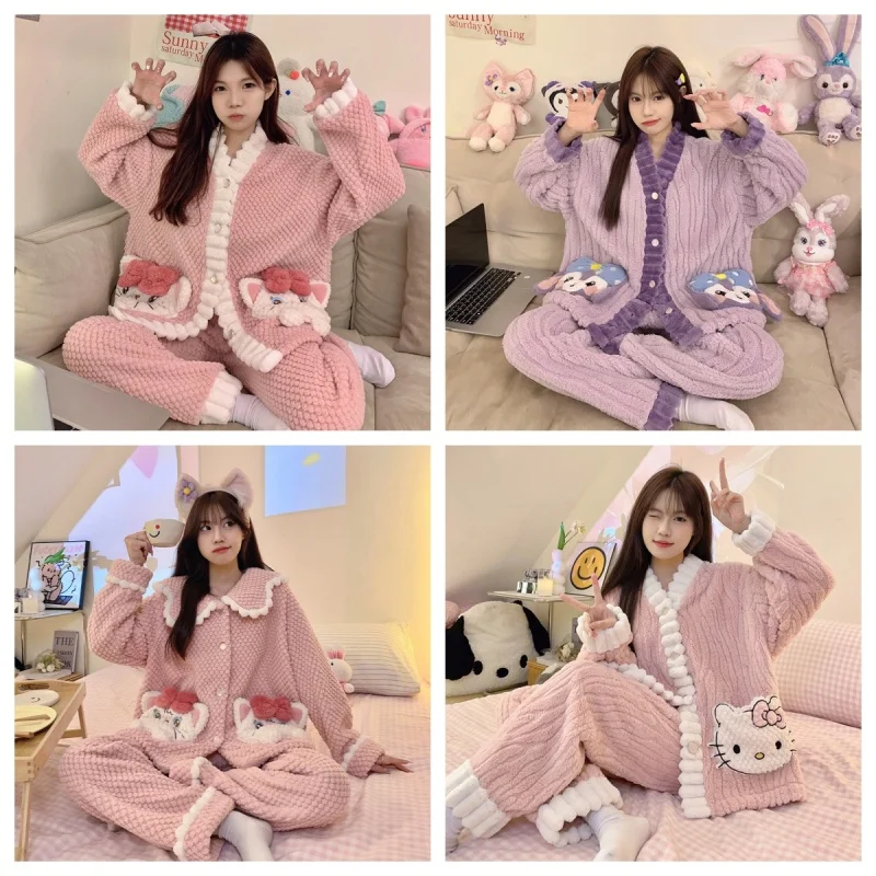 Sanrio Hello Kitty Anime Coral Velvet Thickening Button Tops Pants Suit Women Winter Flannel Pajamas Suit Winter Home Clothing