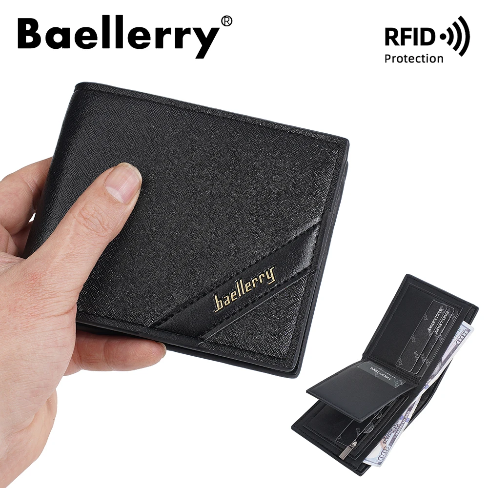محفظة Baellerry للرجال RFID قصيرة ثنائية الطي، حامل بطاقات جلدي ممتاز مضاد للتشطيط مع جيب للعملات المعدنية بسحاب، آمن M