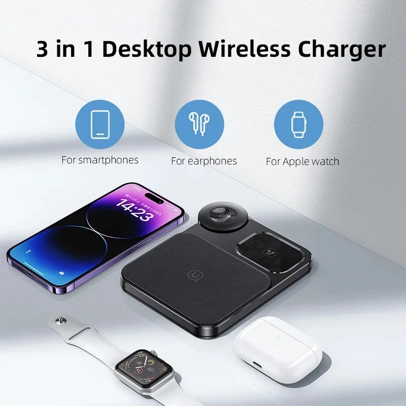 USAMS 3in1 Wireless Charger for iPhone 15 14 13 12 AirPods for Apple Watch 15W Fast Charging Pad for Xiaomi Samsung Earphones