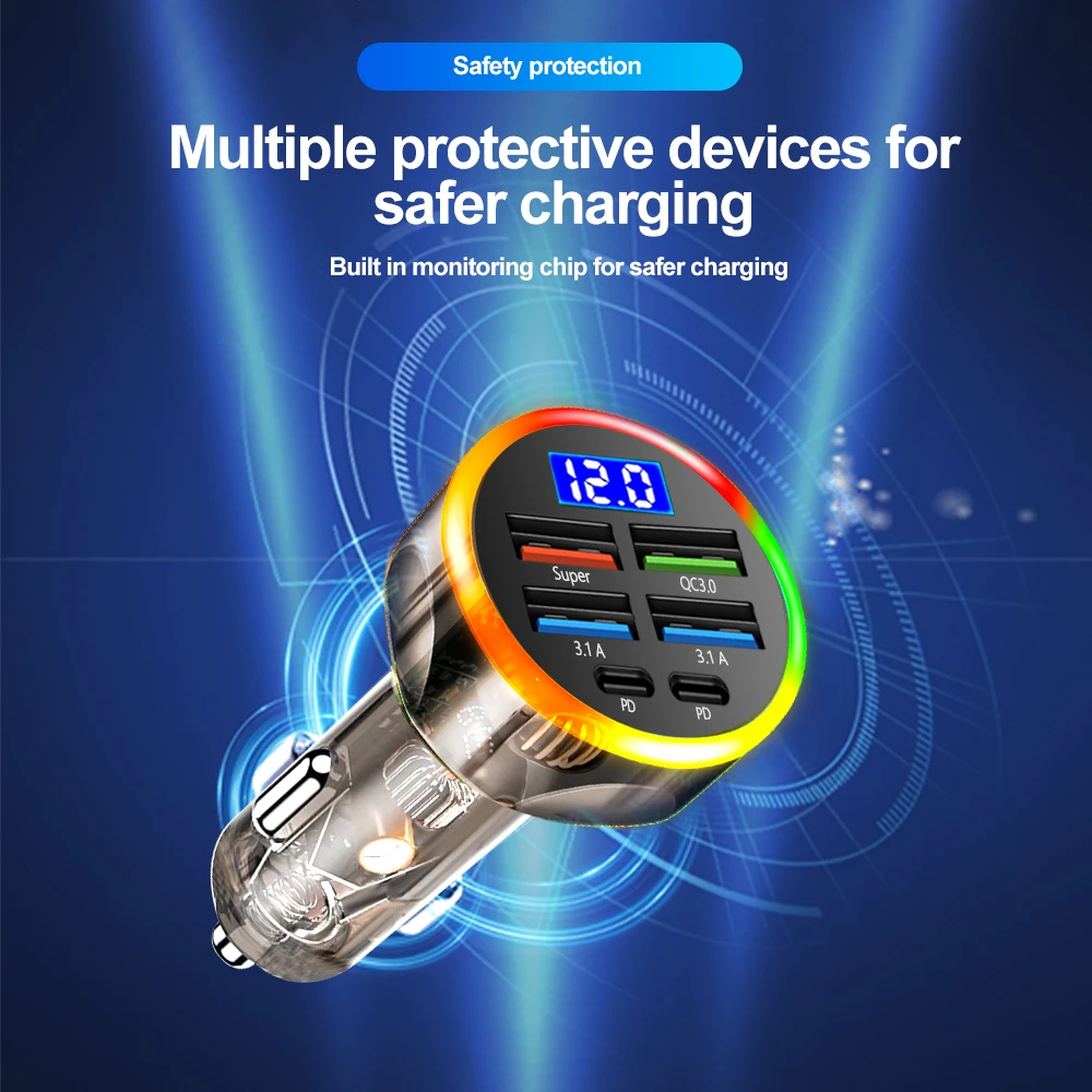 Car Charger with Digital Display 200W Multi Ports Fast Charging PD QC3.0 USB Quick Charging Adapter for iPhone Samsung Xiaomi