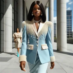 Blue Pearls Women Suit 1 Piece Blazer Cotton Formal Office Lady Prom Outfit Casual Spring Autumn Customized Coat Jacket