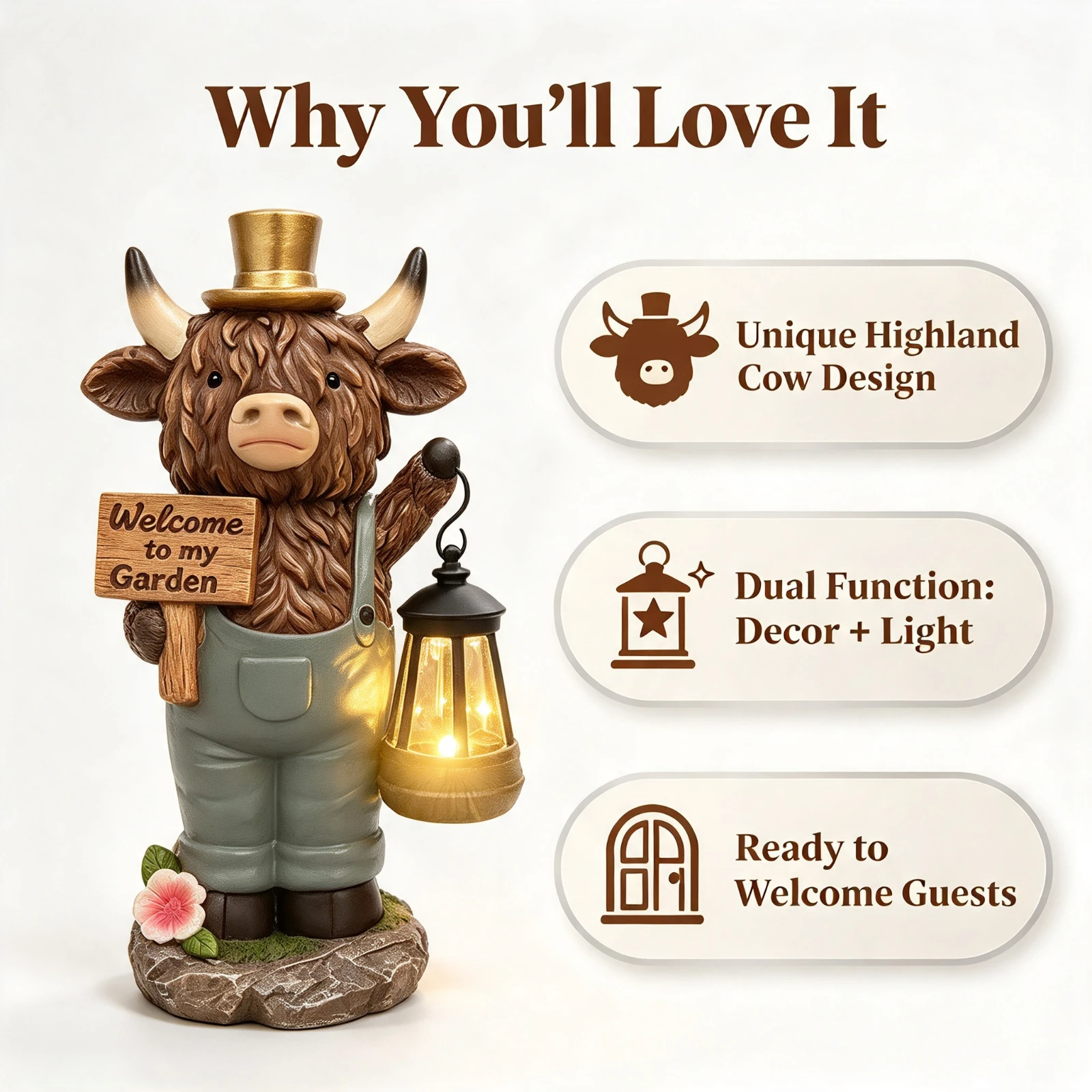 Solar LED Highland Cow Statue, Welcome Sign Light Resin Garden, Decor Outdoor Lawn Porch Yard, Ornament Figurine Gift Home Deco
