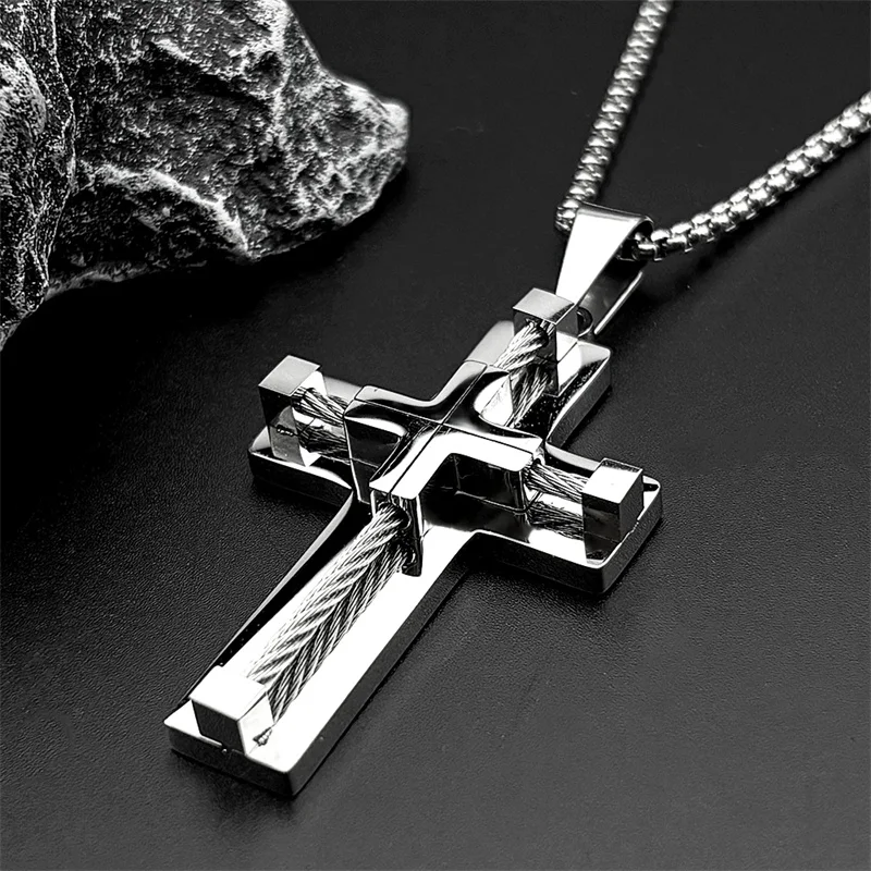 

Hip Hop Christian Jesus Cross Pendant Necklace for Women Men Stainless Steel Silver Color Prayer Amulet Chain Jewelry Gift