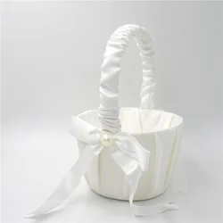White Flower Girls Basket Silk Wedding Basket for Flower Bride/Kids Hand Held Wedding Ceremony Party Decorations