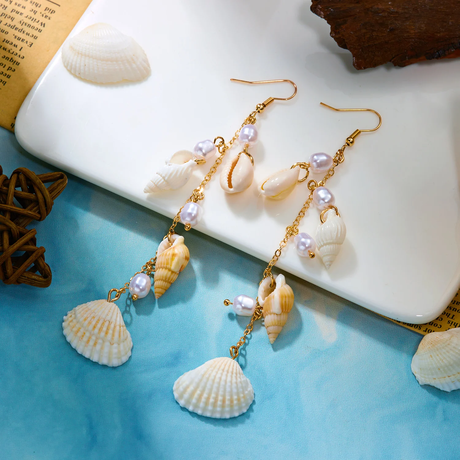 Böhmische Seestern-Muschel Lange Quasten-Ohrringe für Frauen Bunte Kiesel-Imitationsperlen Tropfen-Ohrringe Urlaub Party Schmuck – Detail 7