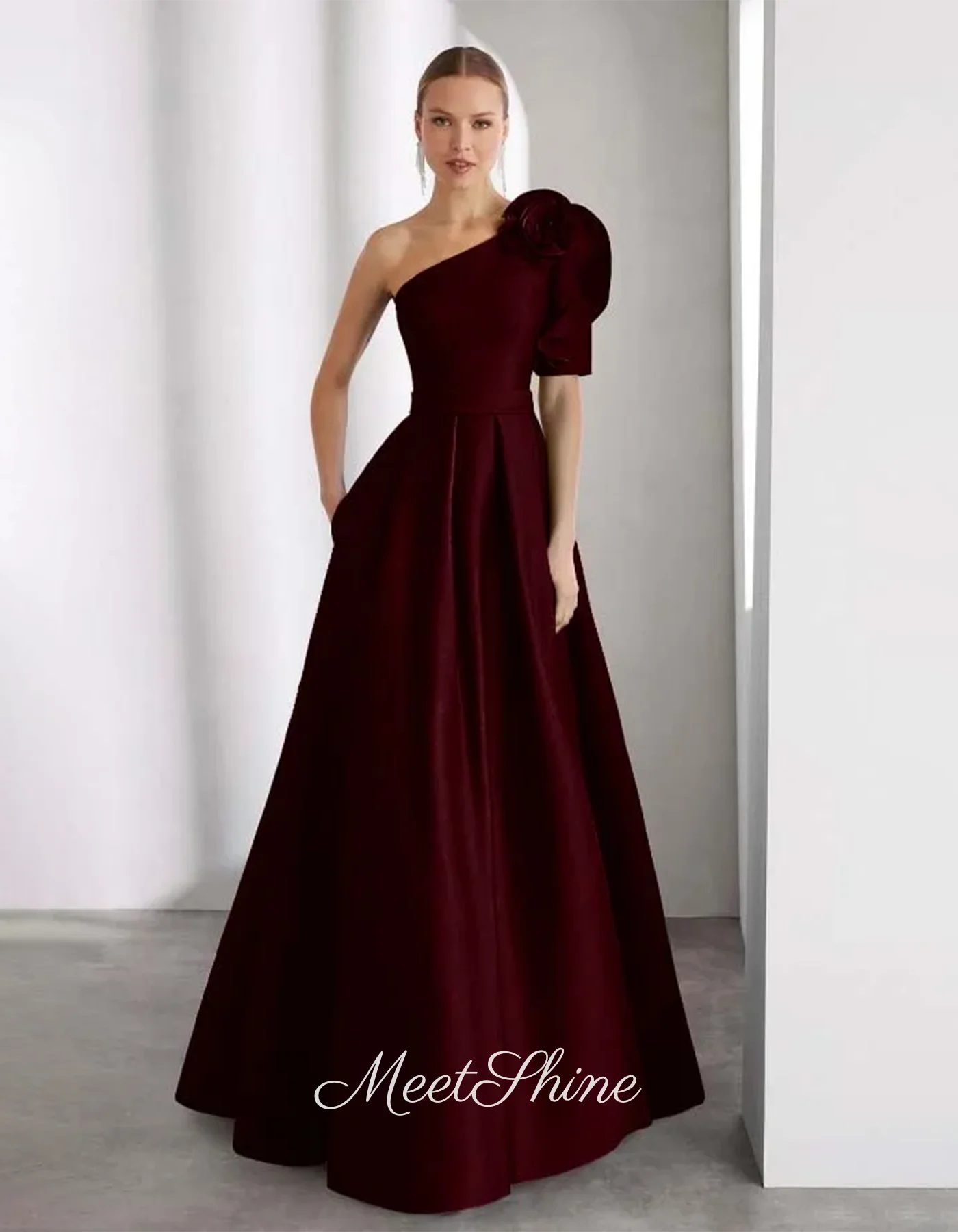 Vestidos de Noche acampanados de un hombro, color azul moderno, flor 3D de alta calidad con bolsillo, vestido Formal de satén para fiesta de boda personalizado