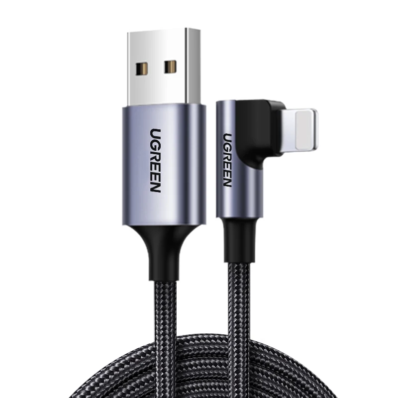 كابل شاحن UGREEN 90 درجة لهاتف IPhone، سلك كابلات شحن سريع USB-L، كابل USB 2.0 مضفر من النايلون بزاوية قائمة