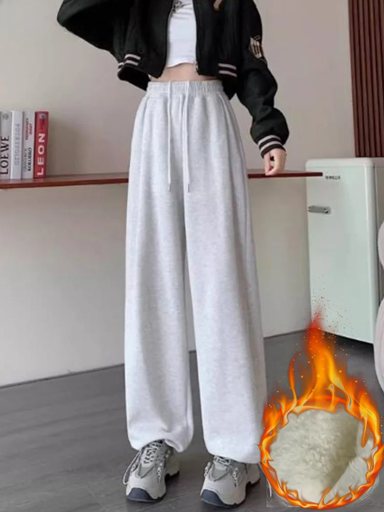 

Loose Lambwool Fluff Thick Grey Pants Classic Winter Trousers Casual Elastic High Waist Pantalones Korean Women Jogger