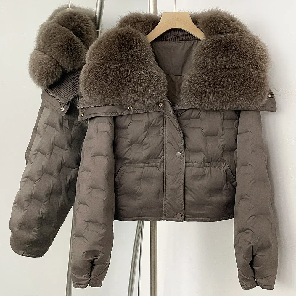 

White Duck Down Coat Warm Reality Fur Jacket Fur Fluffy Coat Winter Long Sleeve Female Short Thick Fox Fur Puffer Jacket Women