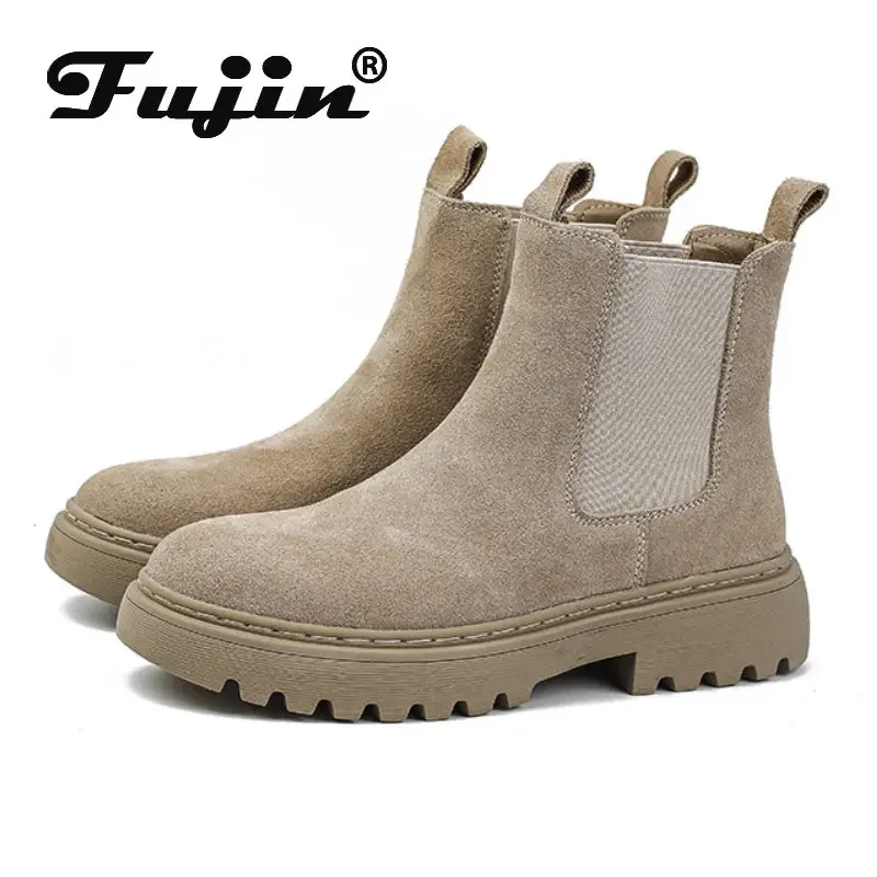 Fujin-Botines de piel auténtica de vaca para mujer, zapatos de plataforma, botas Chelsea de ante, botas de moto de moda para invierno y otoño, 4,5 cm