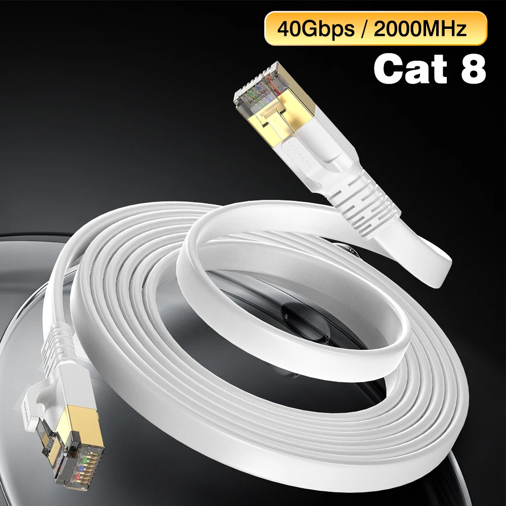Nieuwe Witte Cat8 Ethernetkabel 40Gbps Cat 8 Platte RJ45 Afgeschermde Netwerk LAN Kabel Categorie 8 Kabel Zuiver Koper Hoge Snelheid Internetkabel
