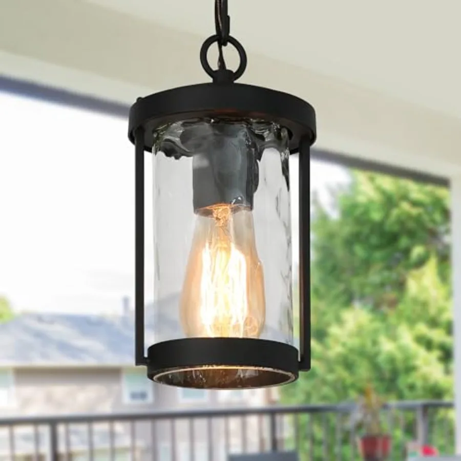 Outdoor Pendant Lights, Black Exterior Hanging Light for Porch with Textured Glass, Modern Farmhouse Outside Ceiling Lights for