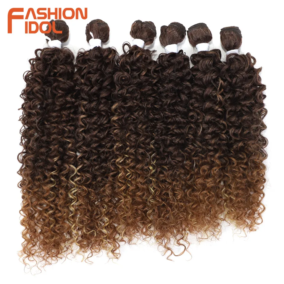 FASHION IDOL Afro Kinky Curly Hair Extensions 14-18 inch 6PCS Synthetic Hair Bundles Weave Ombre Brown Fake Hair