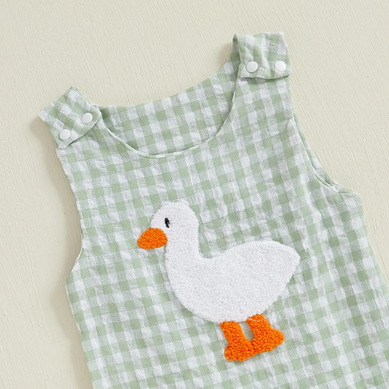 

Infant Boys Romper Sleeveless Round Neck Checkered Embroidered Chick Jumpsuit for Everyday Wear in Hot Weather