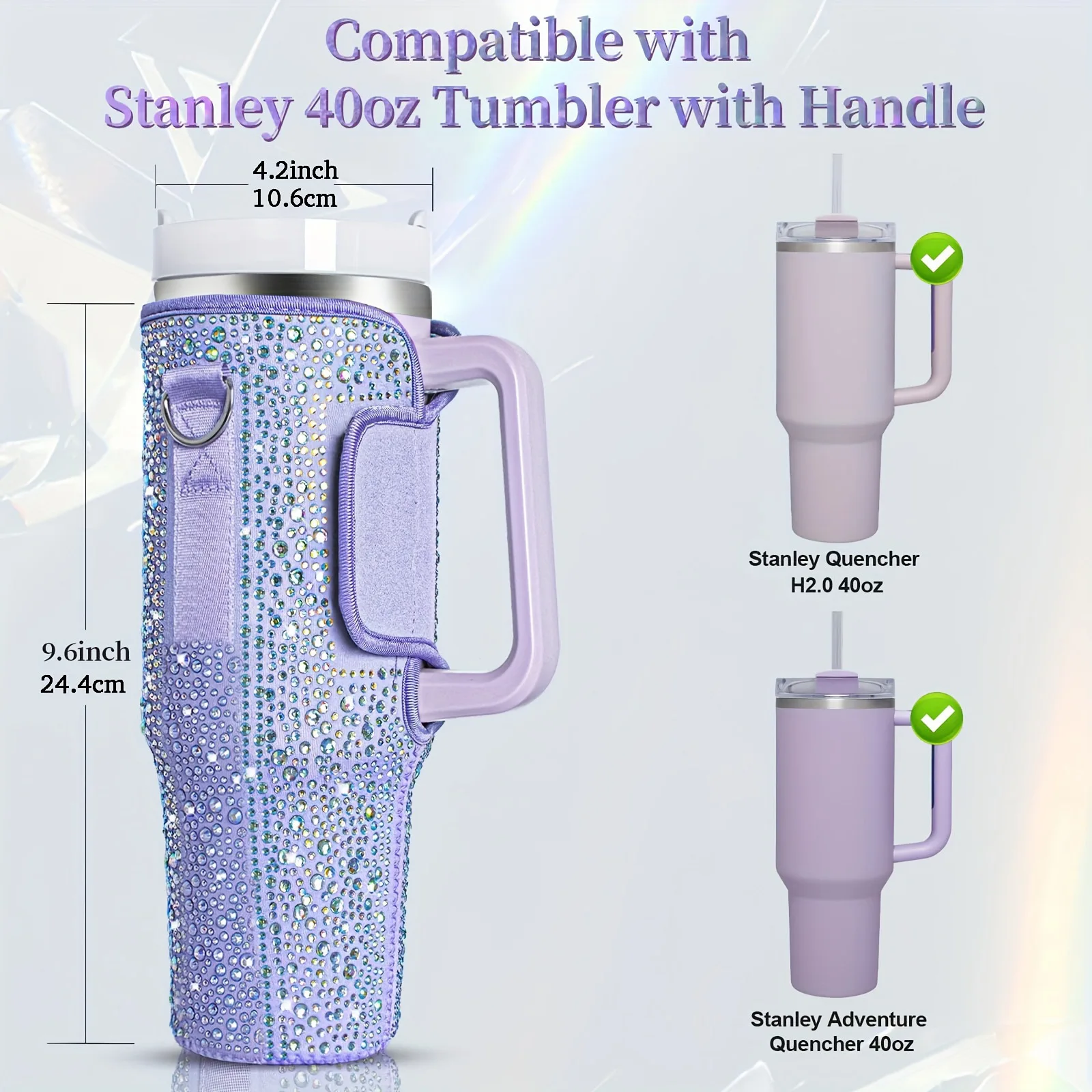 40oz bling shiny rhinestone Water Bottle Bag protecting case For Stanley Quencher Cup Sleeve Strap Pouch