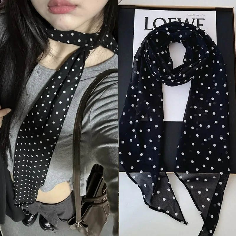 

Модный длинный шарф в горошек, женский шифоновый шейный платок, украшение воротника, шарфы в горошек, атласный платок, повязка для волос, аксессуары для девочек