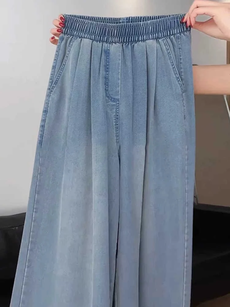 Summer Thin Ice Silk Jeans Women Elastic High Waist Loose Wide Leg Denim Trousers Oversized Light Blue Slim Jean Pants