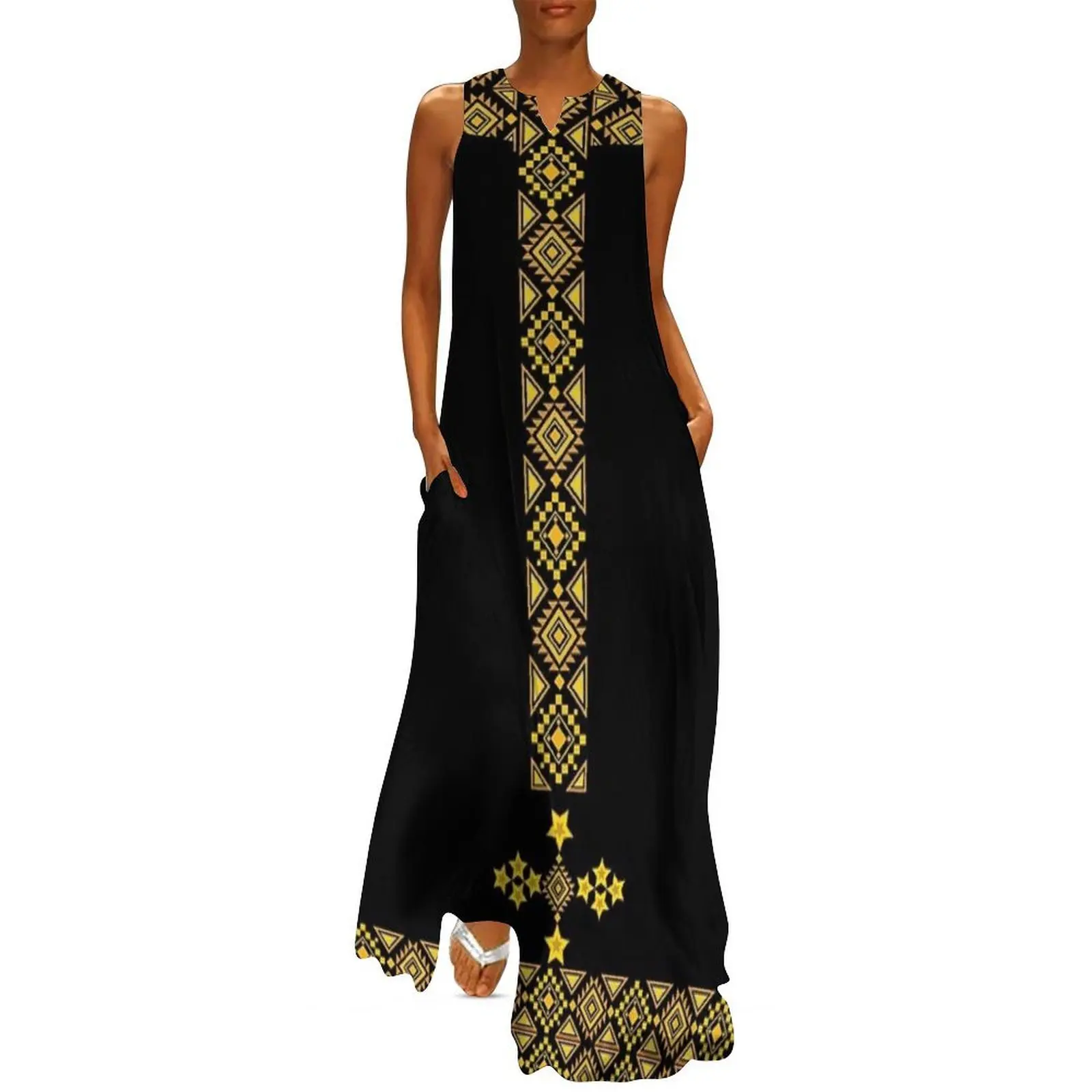 

Ethiopian and Eritrean Inspired Print Black and Gold Long Dress Clothing female women's luxury party dress