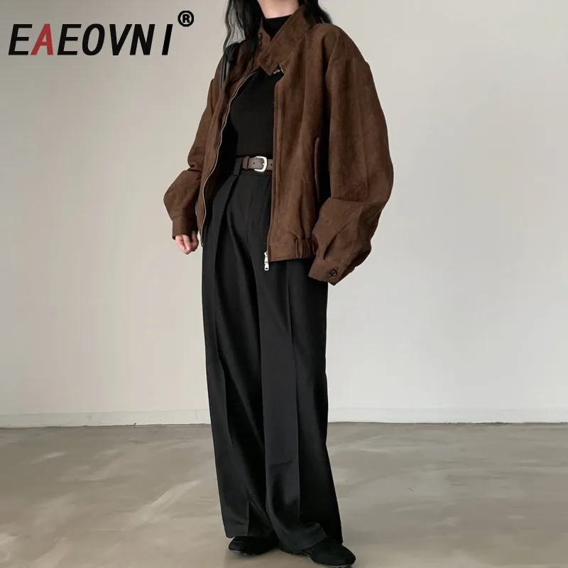 

EAEOVNI осень-зима новая замшевая куртка женская мода воротник-стойка молния дизайн свободное однотонное пальто уличная одежда