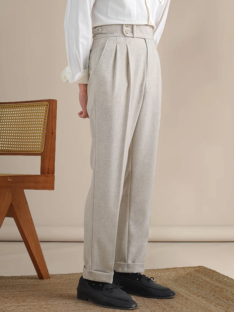 Naples Double Fold High Waist Linen Suit Pants For Men Summer Breathable Straight Leg Office Trousers Men Pantalon Costume Homme