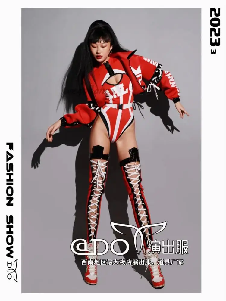 Nightclub Red Baseball Sporty Set Jacket GOGO Dance Team Street Dance Performance Dress