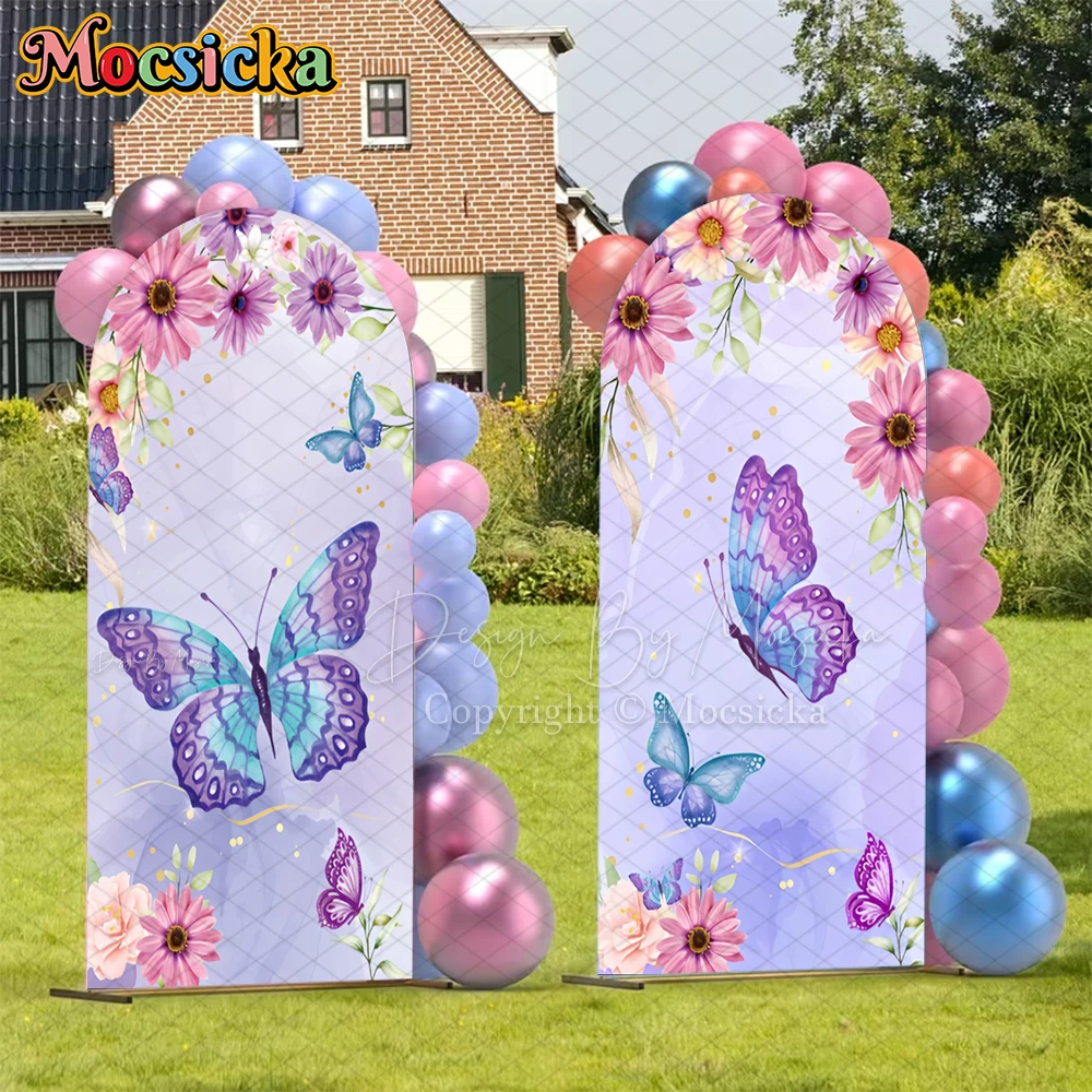 Mocsicka Purple Butterfly Arch Background Cover Flower Pattern Baby Kid Birthday Party Photo Arched Backdrop Wedding Decor Props