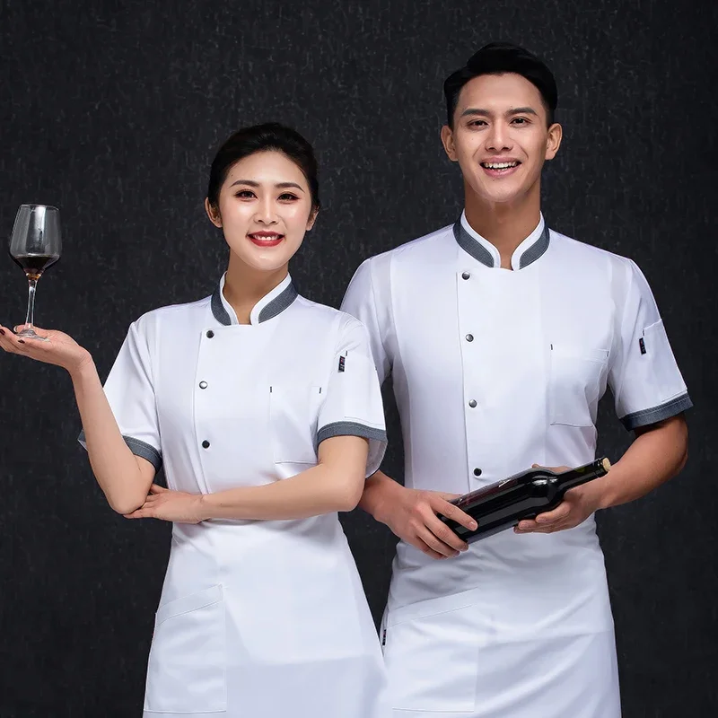 Summer Chef Jacket Short Sleeve Kitchen Clothes Gray Restaurant Uniform Women and Men Catering White Cook Coat Bakery Overall