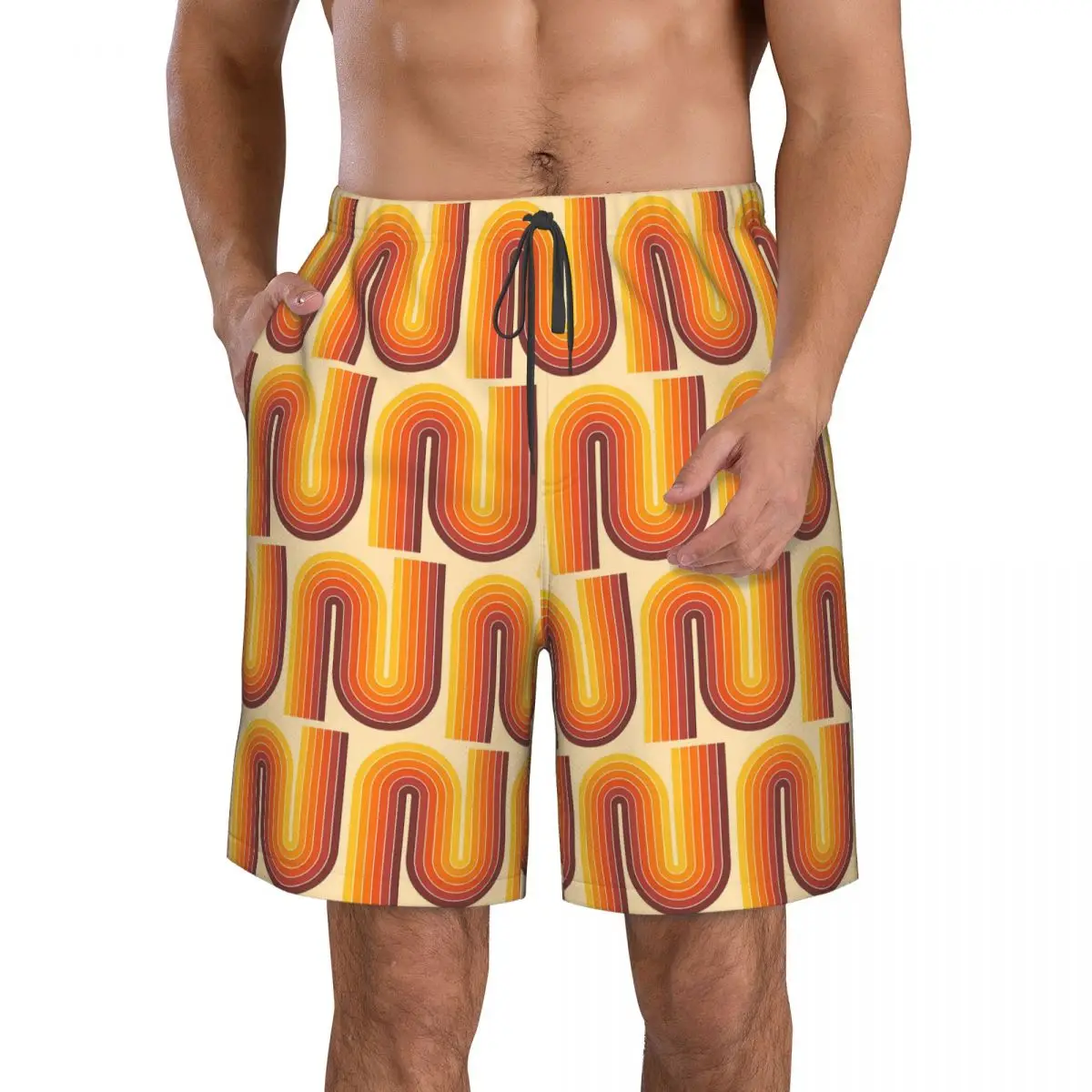 Retro Geometric Double Arch Design 522 Trunks Beach Board Shorts Casual Quick Dry Swim Summer Men Pants