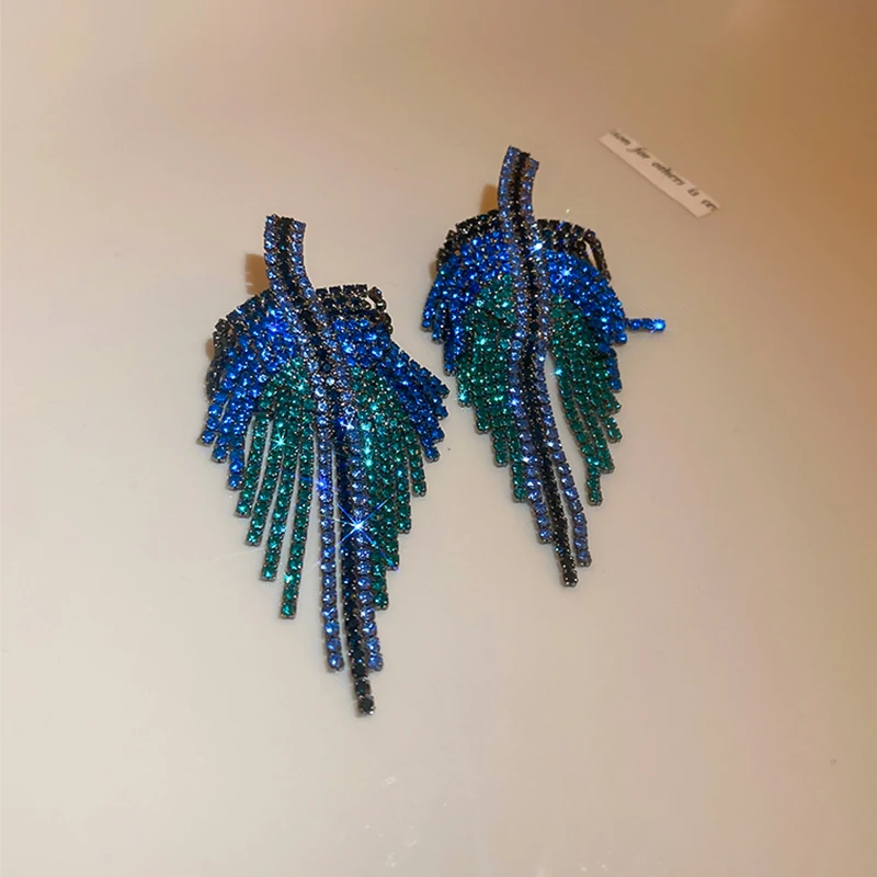 Full Rhinestone Long Tassel Earrings Women Blue Color Fashion Geometric Drop Earring Statement Accessories Party Gifts