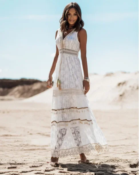 Vestido ahuecado de encaje blanco para mujer, Maxi largo elegante, sin mangas, Vestido de playa bohemio, borlas de albaricoque, dama, vacaciones de verano