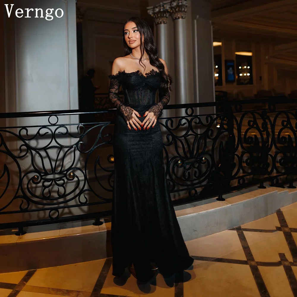 

Verngo Black Tulle Evening Dress Off The Shoulder Mermaid Prom Gown Long Sleeves Elegant Formal Arabic Eid Prom Dress Customized