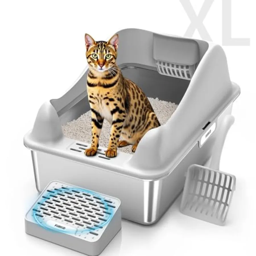 

Stainless Steel Cat Litter Box with Lid XL Extra Large Litter Box for Big Cats High Sided Kitty Metal Pan with Pedal Filter and
