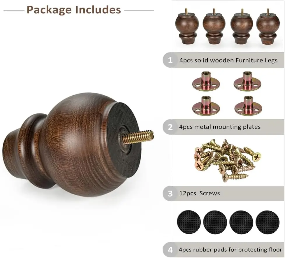 4 Inch Wooden Furniture Legs Set of 4 Sofa Replacement Brown Solid Wood Furniture Feet for Armchair Couch Cabinet Dresser Ottoma