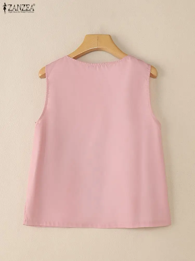 ZANZEA الصيف الأزهار طباعة بلوزات بلا اكمام امرأة 2025 جديد عادية س الرقبة التصحيح جيوب النساء الدبابات القمم عطلة ارتداء اليومي S-3XL