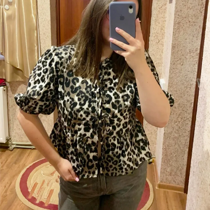 TRAF Top Women Shirts&Blouses 2024 Summer Cropped Casual Short Sleeve Tops Ladies Fashion Cute White Black Leopard Short Shirts