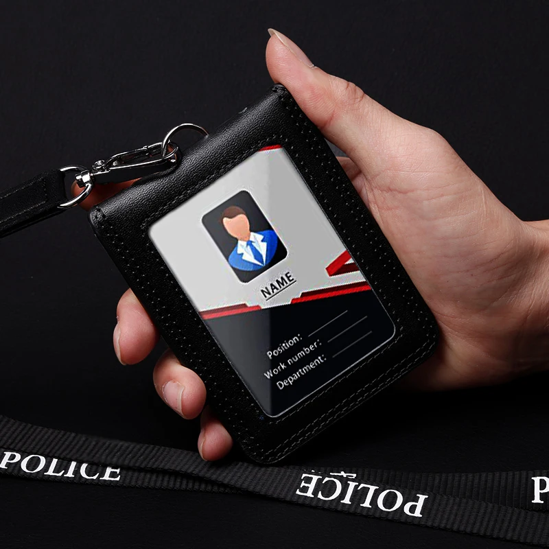 Porte-badge en cuir de vachette véritable avec lanière, étui pour carte d\'identité de travail formel, fournitures de bureau, journaliste de police