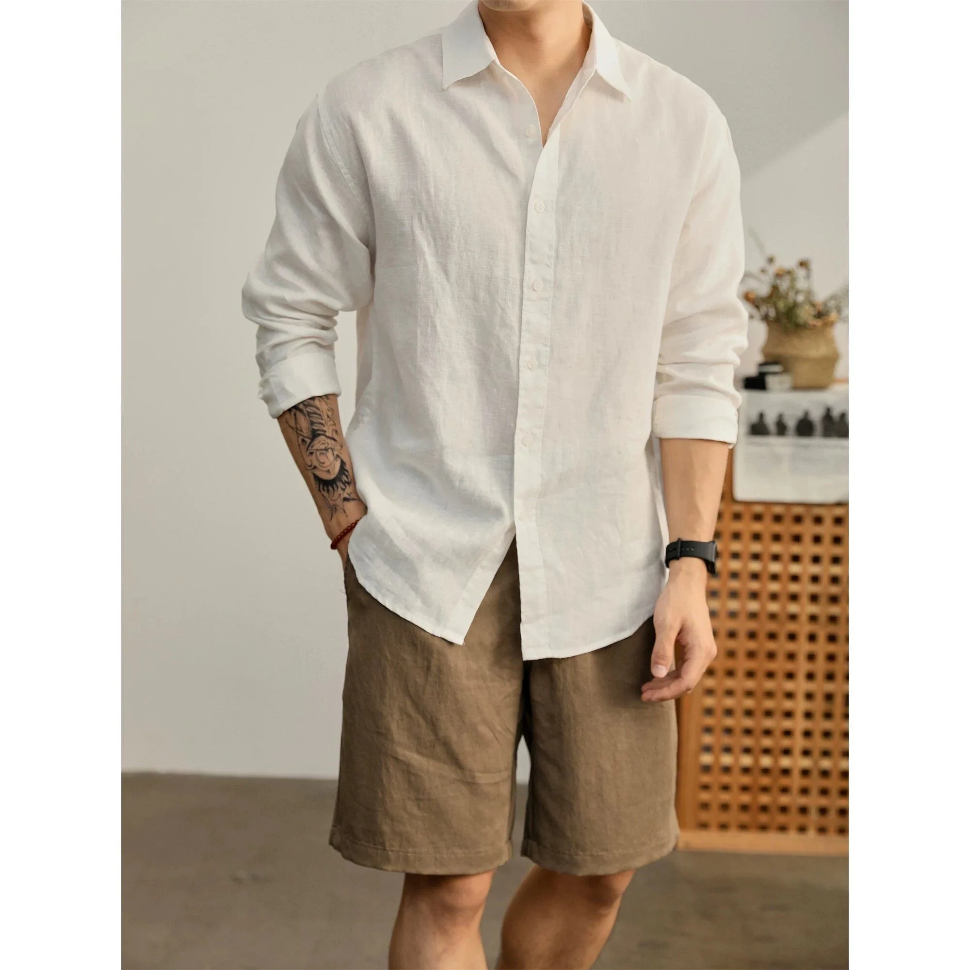 Minimalist Pure Color Linen Long Sleeve Shirt Men's Casual Thin Loose Feeling Leisure Sunscreen Shirt Breathable Lightweight