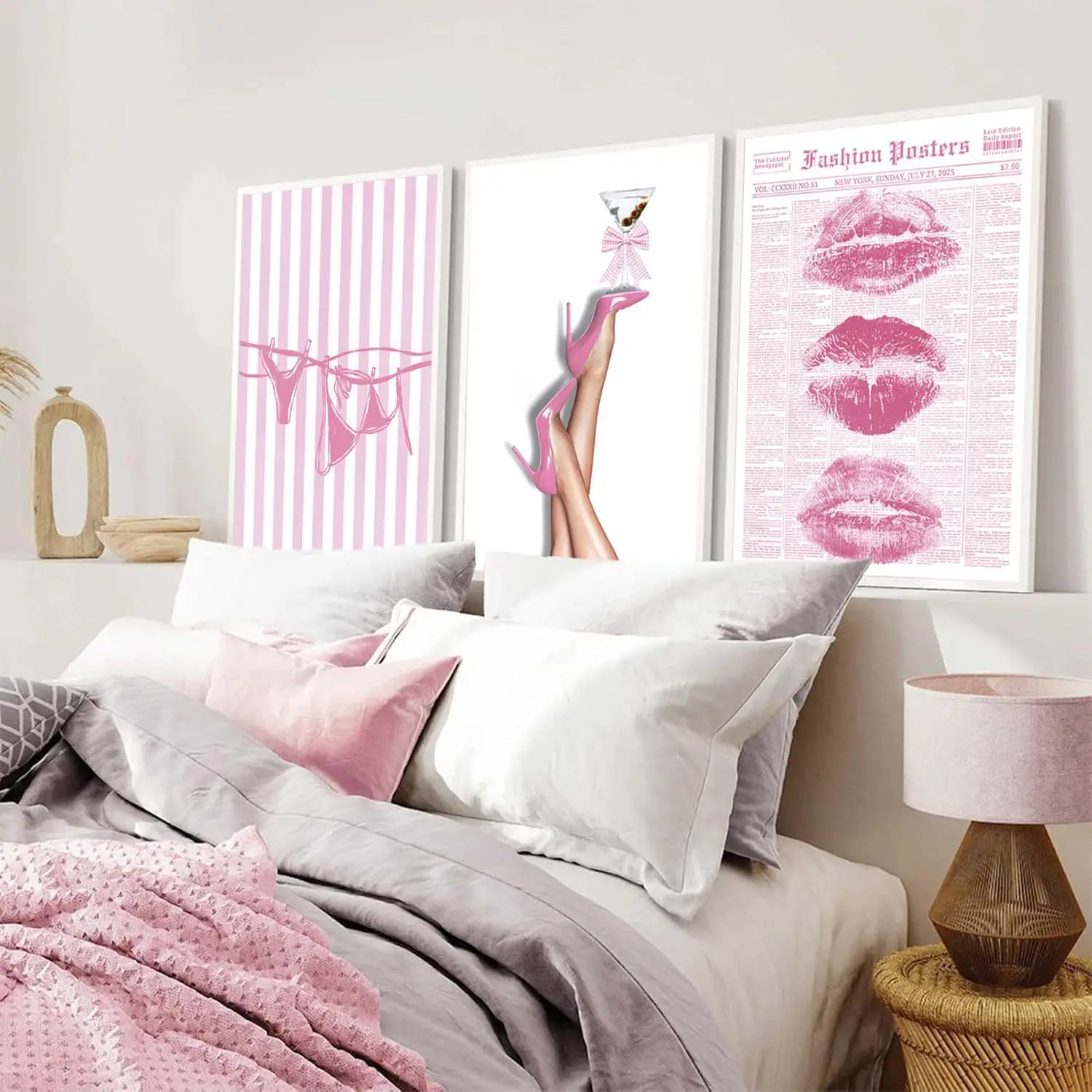 

3pcs Wall Art Pink Lips Bikini Bow High Heels Wall Decoration Pictures Retro Martini Newspapers Canvas Posters Printed Materials