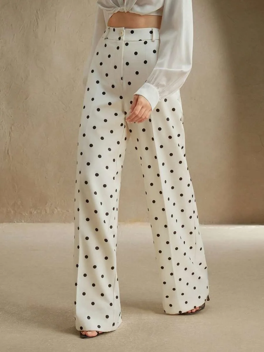 Fashion Vintage Summer Women Pants High Waist Polka Dot Loose Wide Leg Pants Casual Trousers Elegant Office Lady Women's Pants