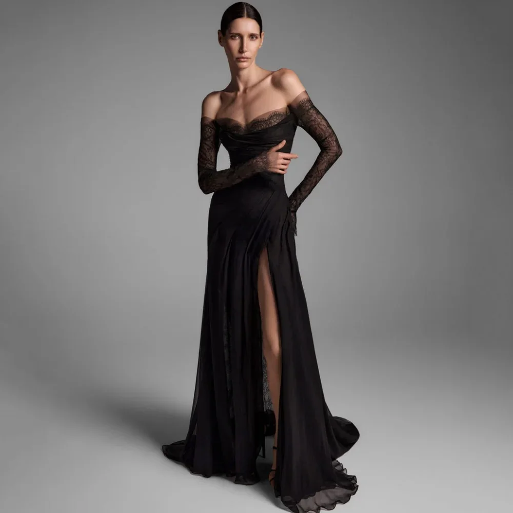 

Customized Split Black Party Gowns Strapless Lace Off the Shoulder Mermaid Prom Dresses Sexy Evening Dress Tulle فساتين سهرة